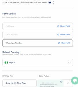 Edit lead generation form with WhatsApp automation settings in Serlzo dashboard