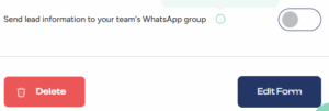 Edit lead generation form with WhatsApp automation settings in Serlzo dashboard