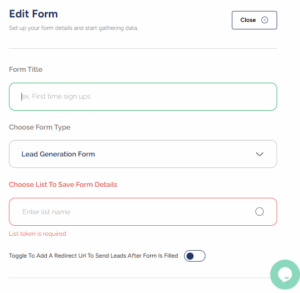 Edit lead generation form with WhatsApp automation settings in Serlzo dashboard