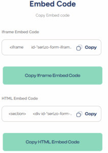 Copy embed code to integrate Serlzo lead form on website or landing page