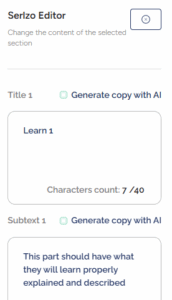 Serlzo Page Builder editable fields for customizing Learn 1 to Learn 4 content on webinar landing pages