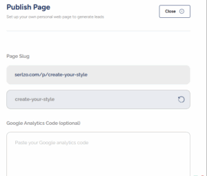 Serlzo lead page publishing screen showing fields for custom page slug, Google Analytics code, Facebook Pixel, and SEO-friendly page description