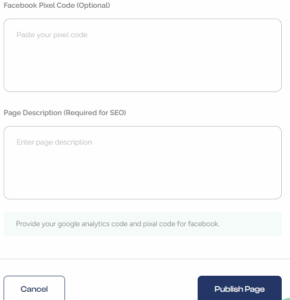 Serlzo lead page publishing screen showing fields for custom page slug, Google Analytics code, Facebook Pixel code, and SEO-friendly description