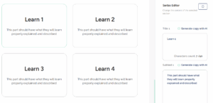 Editable 'Learn 1' to 'Learn 4' sections in Serlzo Page Builder for detailing specific webinar benefits and learning outcomes