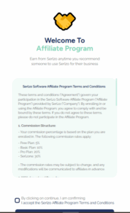 Serlzo Affiliate Program terms and conditions page, review and accept to start promoting and maximize earnings with your referral link