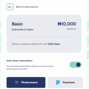 Serlzo subscription summary showing plan type, amount, auto-renew toggle, and payment options via Flutterwave and Paystack